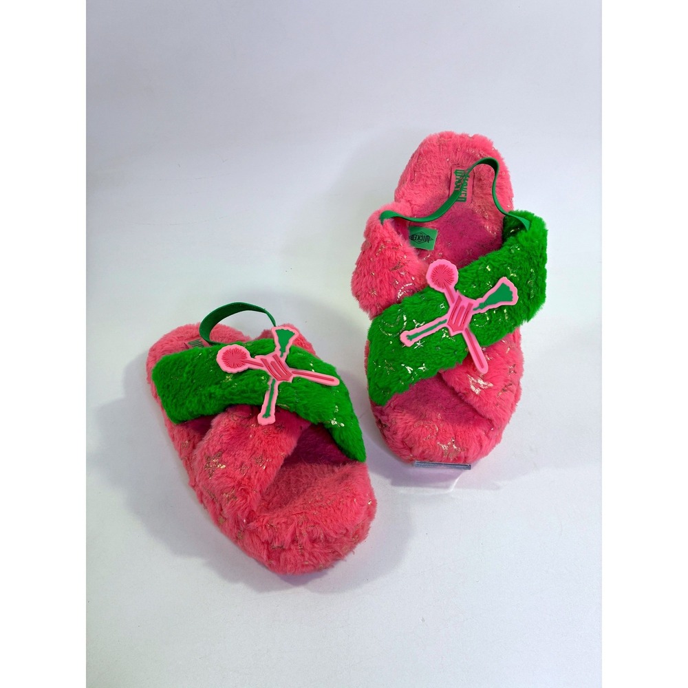 Wicked Movie Defy Gravity Pink Green Faux Fur Plush Slippers Slides Gold Foil